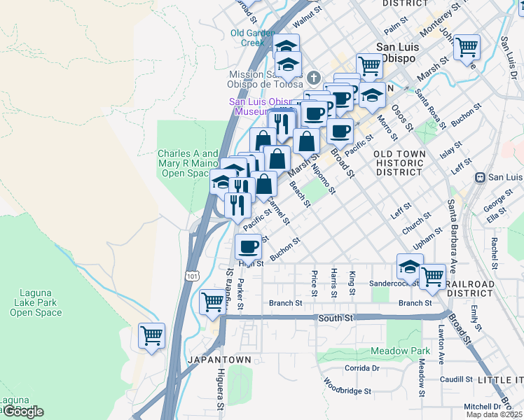 map of restaurants, bars, coffee shops, grocery stores, and more near 1224 Carmel Street in San Luis Obispo