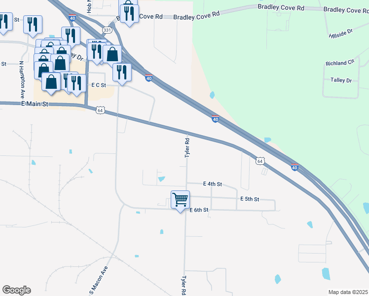 map of restaurants, bars, coffee shops, grocery stores, and more near 104 Tyler Road in Russellville