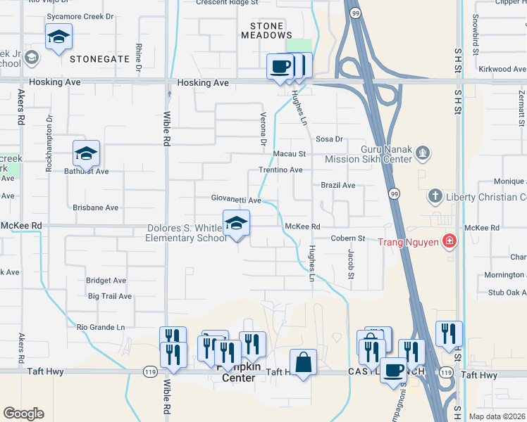 map of restaurants, bars, coffee shops, grocery stores, and more near 8713 Maria Angelica Street in Bakersfield