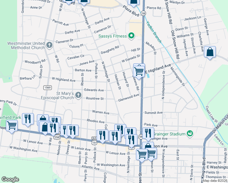 map of restaurants, bars, coffee shops, grocery stores, and more near 1322 Holman Street in Kinston