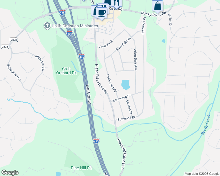 map of restaurants, bars, coffee shops, grocery stores, and more near 10208 Rockwood Road in Charlotte