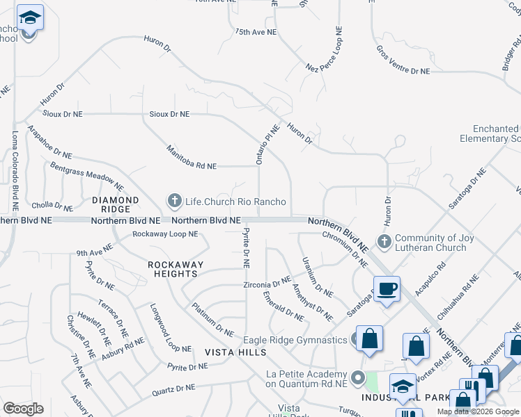 map of restaurants, bars, coffee shops, grocery stores, and more near 1024 Ontario Place Northeast in Rio Rancho