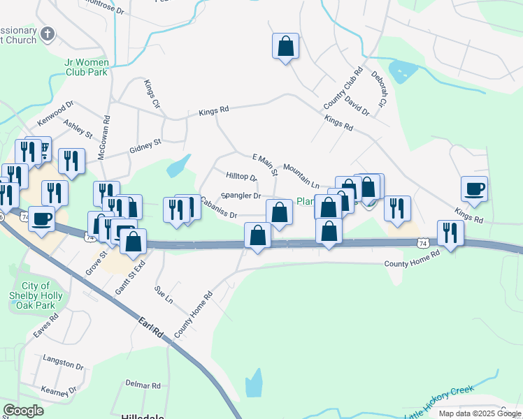 map of restaurants, bars, coffee shops, grocery stores, and more near 1550 Spangler Drive in Shelby
