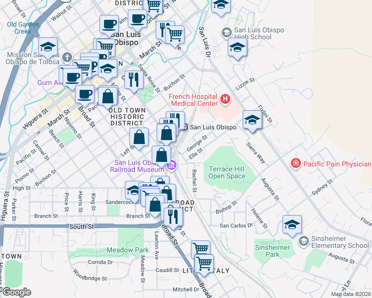 map of restaurants, bars, coffee shops, grocery stores, and more near 1901 Henry Street in San Luis Obispo