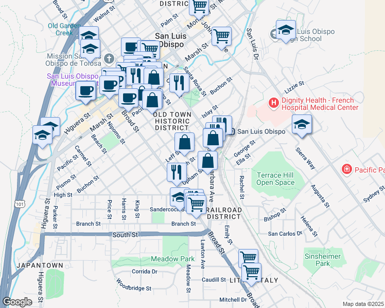 map of restaurants, bars, coffee shops, grocery stores, and more near 850 Leff Street in San Luis Obispo
