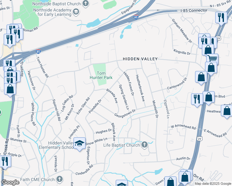 map of restaurants, bars, coffee shops, grocery stores, and more near 1516 Pondella Drive in Charlotte