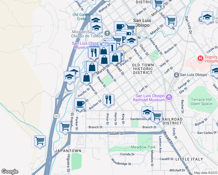 map of restaurants, bars, coffee shops, grocery stores, and more near 559 Pismo Street in San Luis Obispo