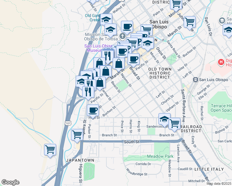 map of restaurants, bars, coffee shops, grocery stores, and more near 479 Pacific Street in San Luis Obispo