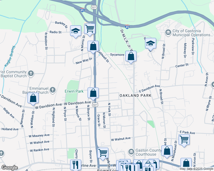map of restaurants, bars, coffee shops, grocery stores, and more near 1303 North York Street in Gastonia