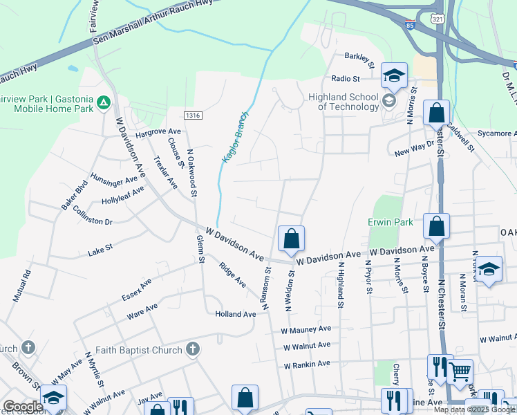 map of restaurants, bars, coffee shops, grocery stores, and more near 1029 Cleveland Avenue in Gastonia