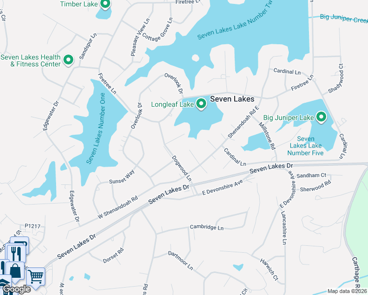 map of restaurants, bars, coffee shops, grocery stores, and more near 106 Barberry Court in Seven Lakes