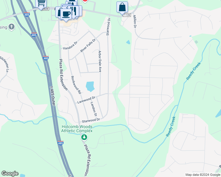 map of restaurants, bars, coffee shops, grocery stores, and more near 10213 Starwood Drive in Charlotte