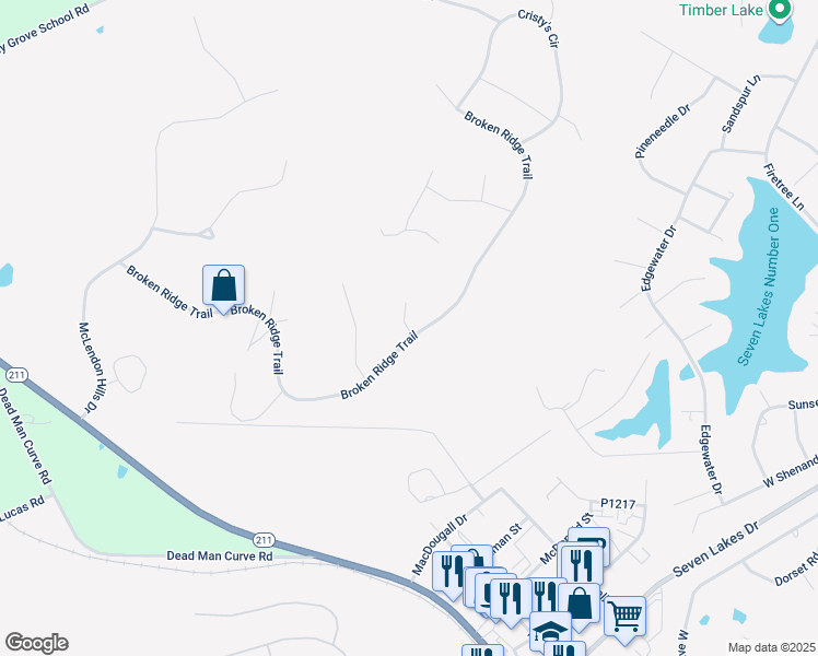 map of restaurants, bars, coffee shops, grocery stores, and more near 120 Troys Point in Seven Lakes