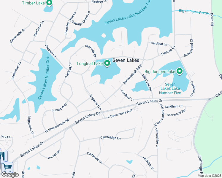 map of restaurants, bars, coffee shops, grocery stores, and more near Rolling Hill Court in Seven Lakes