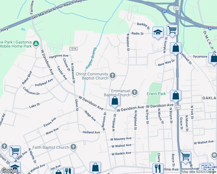 map of restaurants, bars, coffee shops, grocery stores, and more near 1039 North Ransom Street in Gastonia