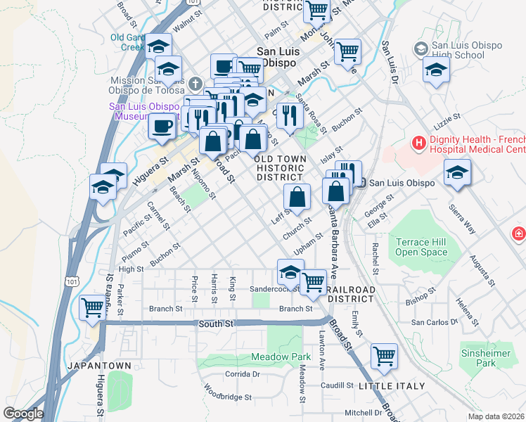 map of restaurants, bars, coffee shops, grocery stores, and more near 709 Islay Street in San Luis Obispo