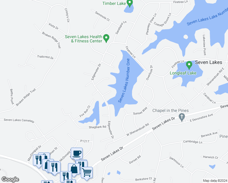 map of restaurants, bars, coffee shops, grocery stores, and more near 107 Atwater Court in Seven Lakes