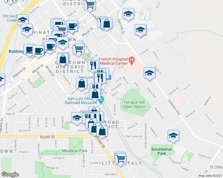 map of restaurants, bars, coffee shops, grocery stores, and more near 1052 George Street in San Luis Obispo