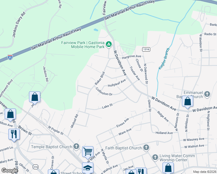 map of restaurants, bars, coffee shops, grocery stores, and more near 1510 Holly Leaf Avenue in Gastonia
