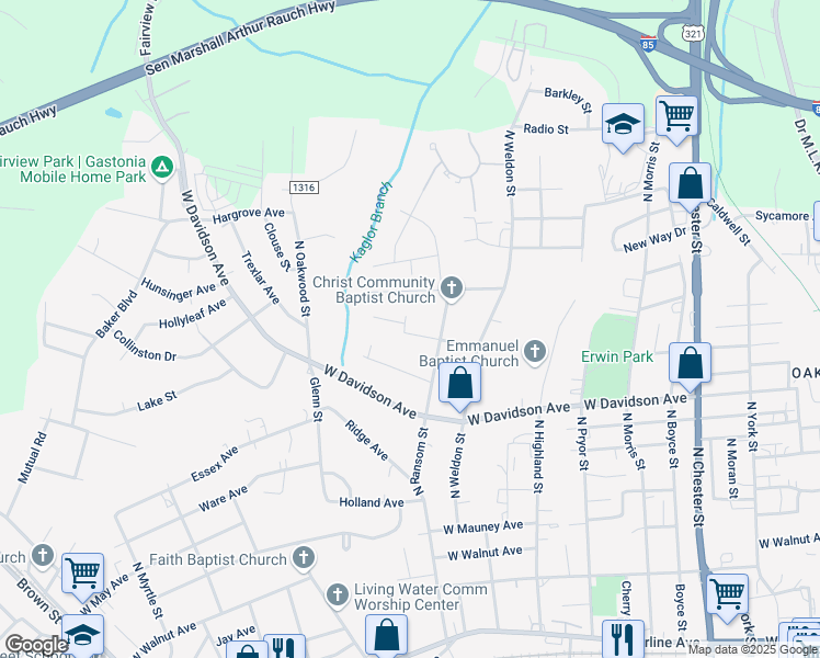 map of restaurants, bars, coffee shops, grocery stores, and more near 1109 Cleveland Avenue in Gastonia