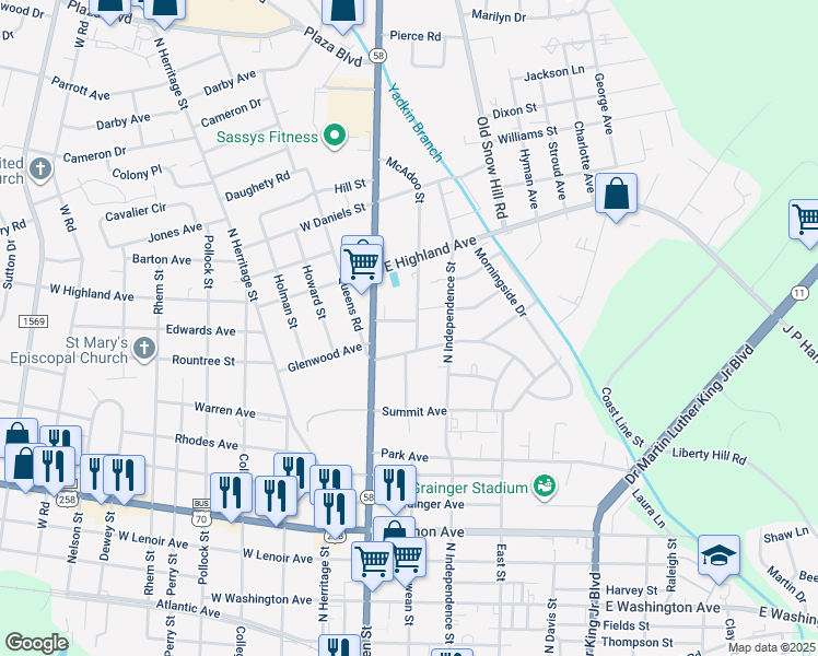 map of restaurants, bars, coffee shops, grocery stores, and more near 107 Emma Webb Drive in Kinston