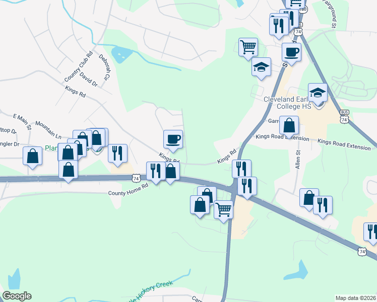map of restaurants, bars, coffee shops, grocery stores, and more near 100 Abbington Lane in Shelby