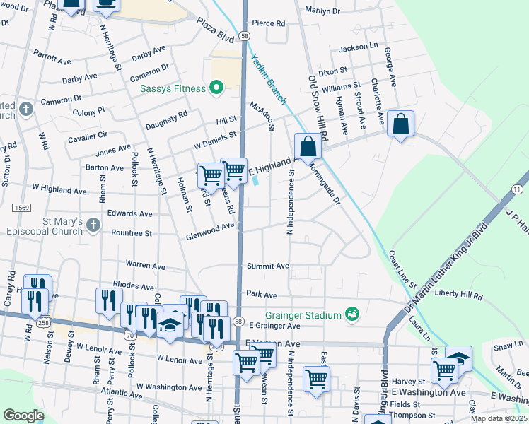 map of restaurants, bars, coffee shops, grocery stores, and more near 107 Emma Webb Drive in Kinston