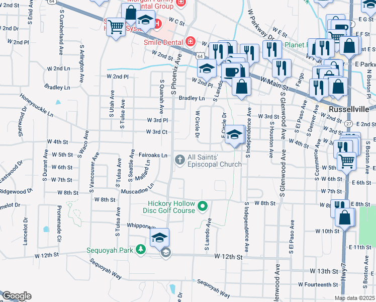 map of restaurants, bars, coffee shops, grocery stores, and more near 312 West Circle Drive in Russellville