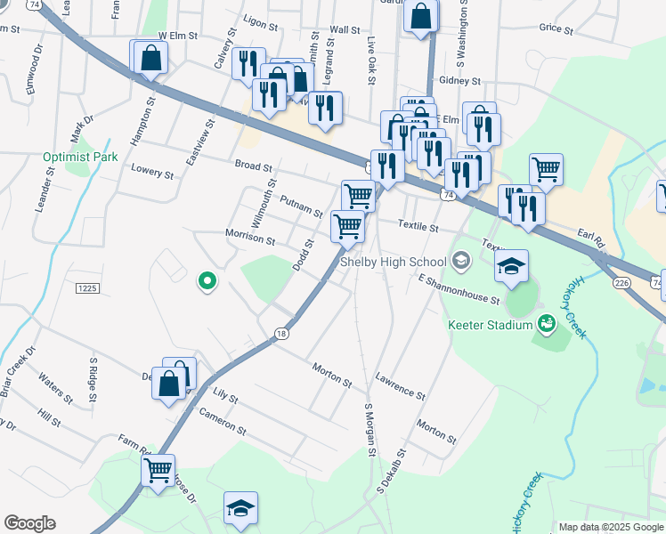 map of restaurants, bars, coffee shops, grocery stores, and more near 1114 South Lafayette Street in Shelby