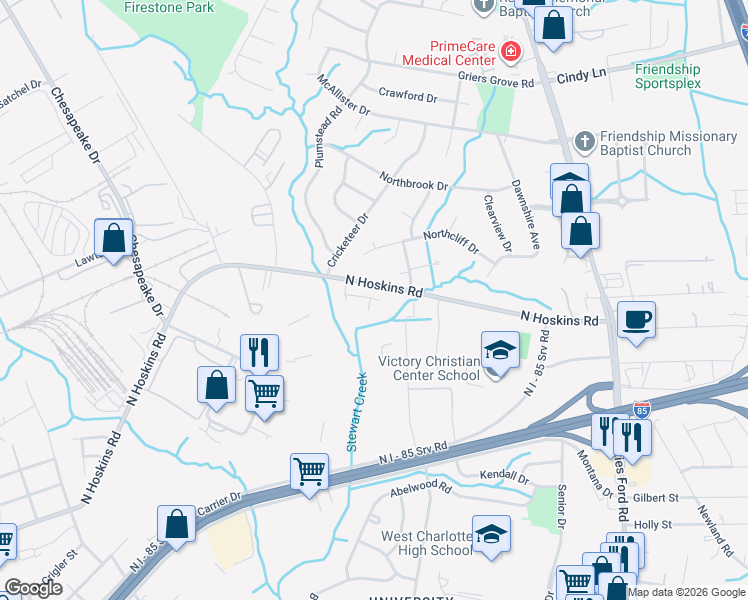 map of restaurants, bars, coffee shops, grocery stores, and more near in Charlotte