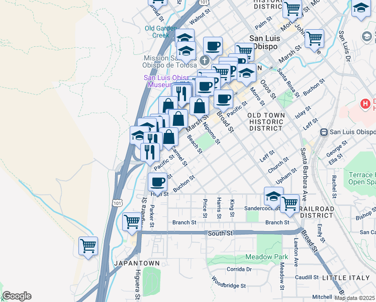 map of restaurants, bars, coffee shops, grocery stores, and more near 479 Pacific Street in San Luis Obispo