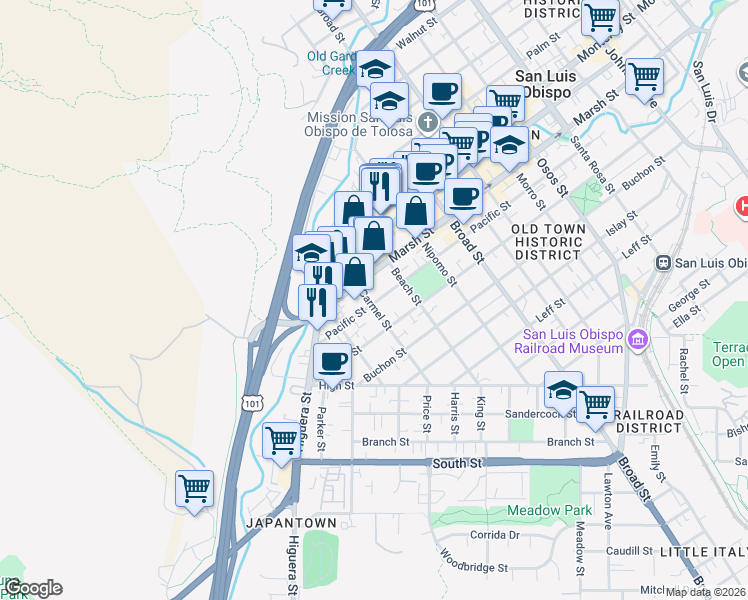 map of restaurants, bars, coffee shops, grocery stores, and more near 1224 Carmel Street in San Luis Obispo