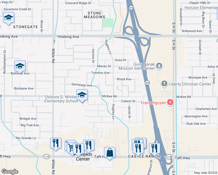 map of restaurants, bars, coffee shops, grocery stores, and more near 2512 Tocantins Street in Bakersfield