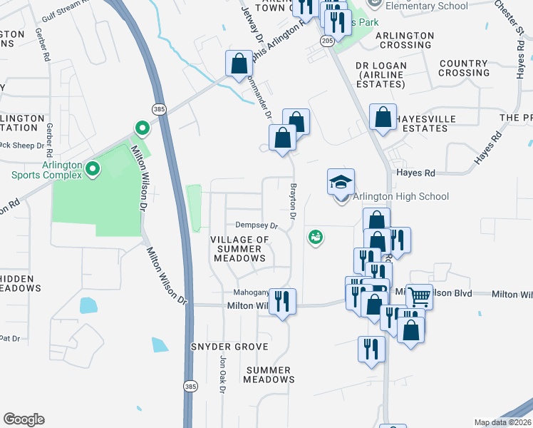 map of restaurants, bars, coffee shops, grocery stores, and more near 11644 Evening Ridge Drive in Arlington