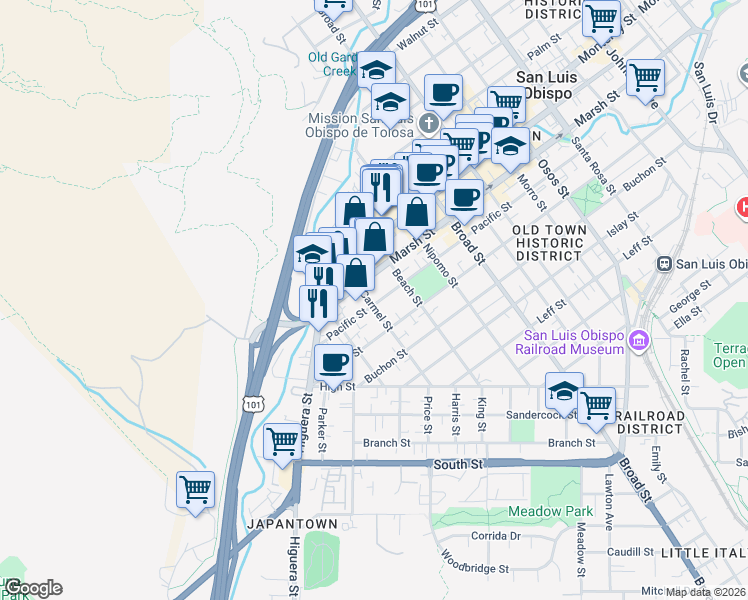 map of restaurants, bars, coffee shops, grocery stores, and more near 1224 Carmel Street in San Luis Obispo