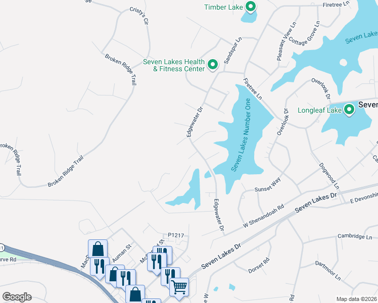 map of restaurants, bars, coffee shops, grocery stores, and more near 102 Rustic Drive in Seven Lakes