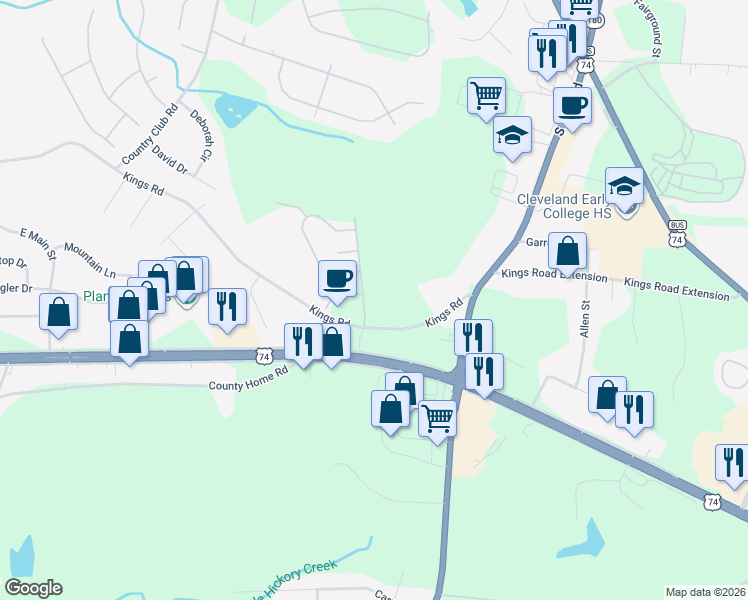 map of restaurants, bars, coffee shops, grocery stores, and more near 100 Abbington Lane in Shelby