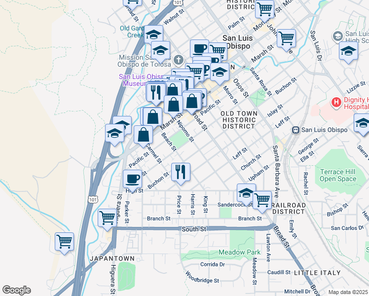 map of restaurants, bars, coffee shops, grocery stores, and more near 559 Pismo Street in San Luis Obispo