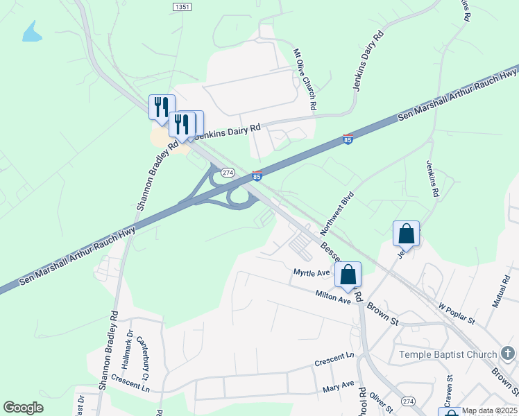 map of restaurants, bars, coffee shops, grocery stores, and more near 1391 Bessemer City Road in Gastonia