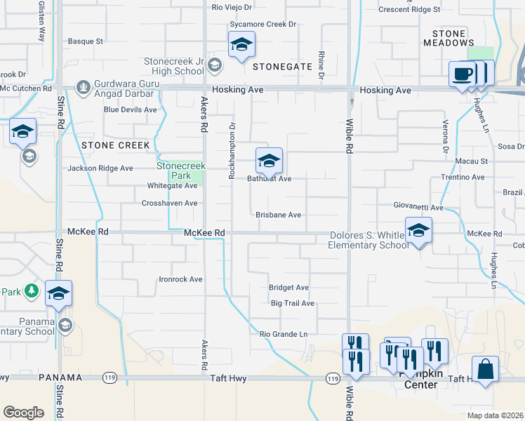 map of restaurants, bars, coffee shops, grocery stores, and more near 8711 Dalby Court in Bakersfield