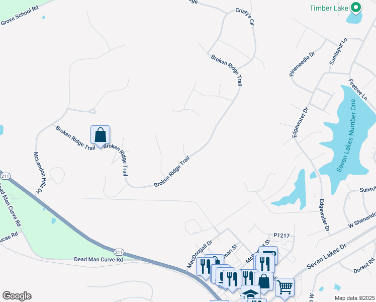 map of restaurants, bars, coffee shops, grocery stores, and more near 120 Troys Point in Seven Lakes