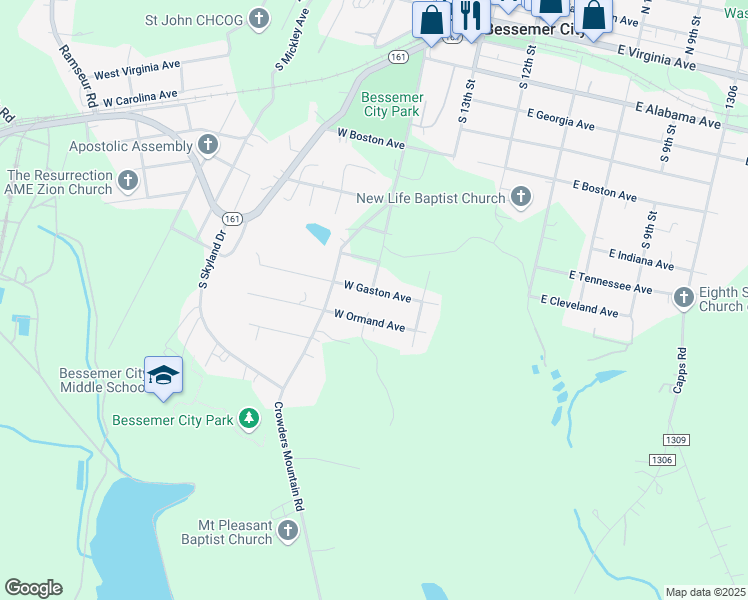 map of restaurants, bars, coffee shops, grocery stores, and more near 209 West Gaston Avenue in Bessemer City
