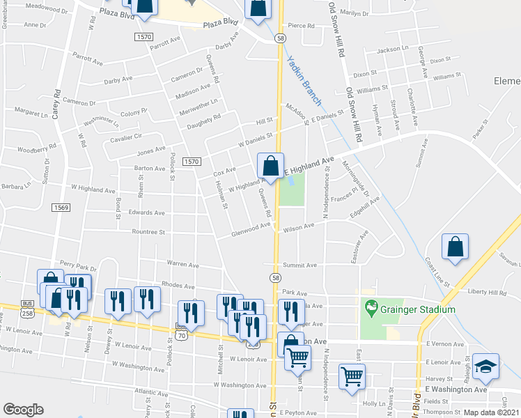 map of restaurants, bars, coffee shops, grocery stores, and more near 1310 North Queen Street in Kinston