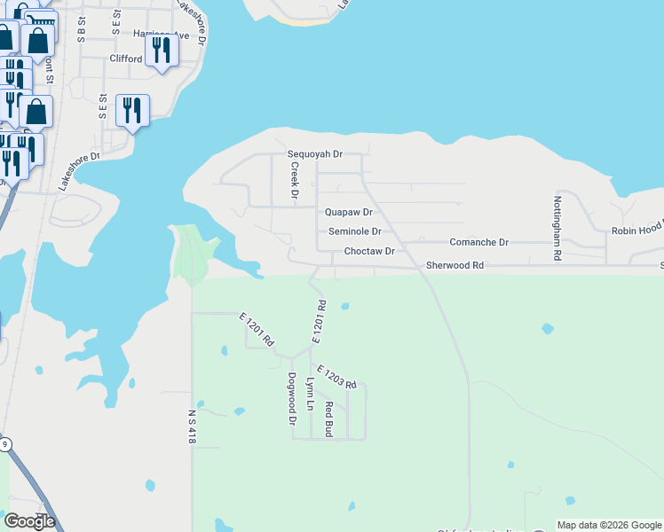 map of restaurants, bars, coffee shops, grocery stores, and more near East 1200 Road in Eufaula