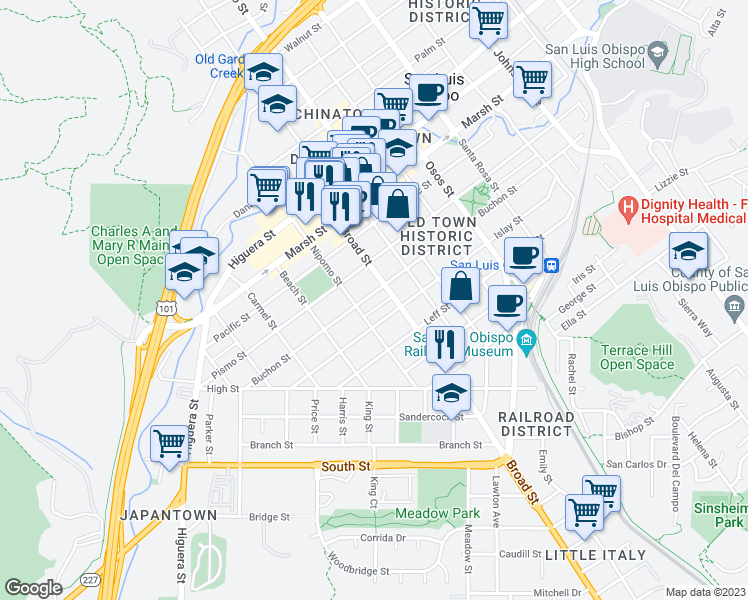 map of restaurants, bars, coffee shops, grocery stores, and more near 665 Buchon Street in San Luis Obispo