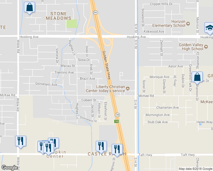 map of restaurants, bars, coffee shops, grocery stores, and more near 2103 Delgada Court in Bakersfield