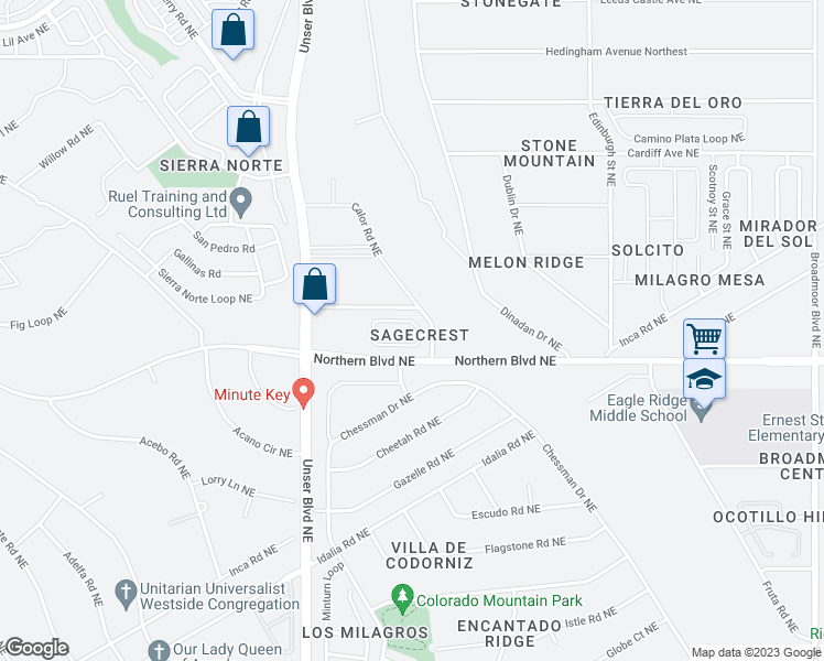 map of restaurants, bars, coffee shops, grocery stores, and more near 2100 Sagecrest Loop in Rio Rancho