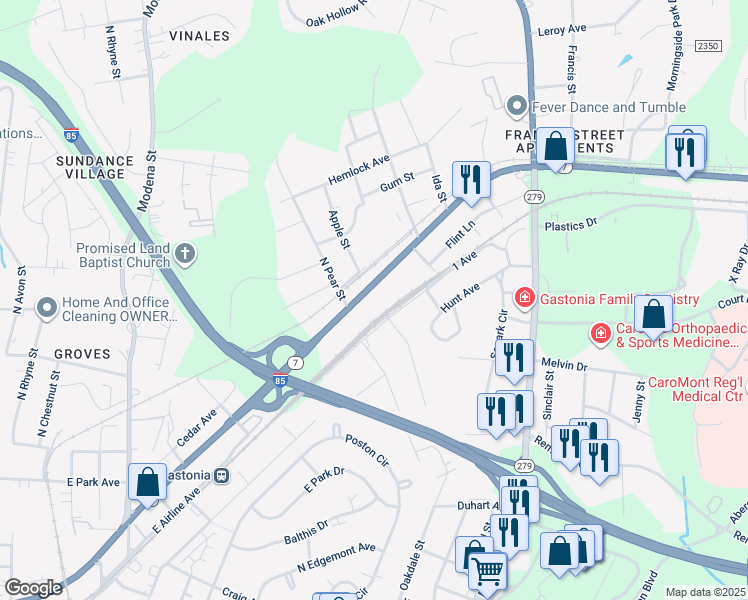 map of restaurants, bars, coffee shops, grocery stores, and more near 1707 East Ozark Avenue in Gastonia