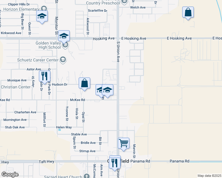 map of restaurants, bars, coffee shops, grocery stores, and more near 8825 South Union Avenue in Bakersfield