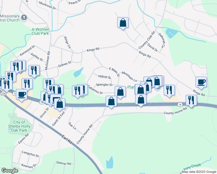 map of restaurants, bars, coffee shops, grocery stores, and more near 1550 Spangler Drive in Shelby